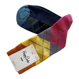 Happy Socks Crew Argyle Socks Pink/Yellow/Blue Sz M 8-12, W 10-12.5 Preppy NWT